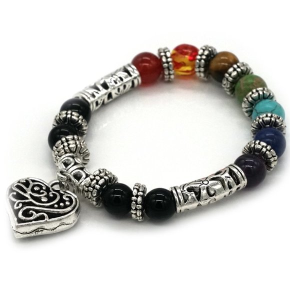 My Bead Emporium Jewelry - Bracelet Chakra Beads Heart Charm Silver Accents